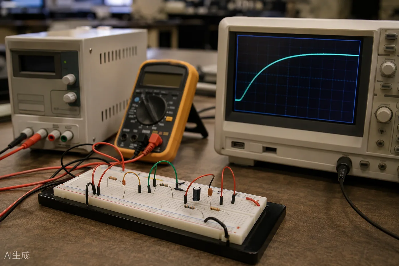 Breadboard circuit with oscilloscope waveform