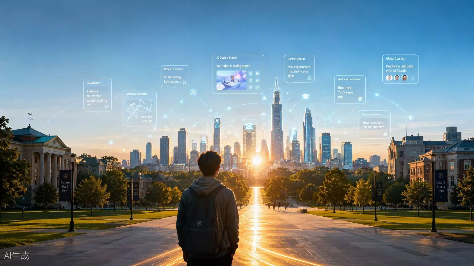 City skyline at sunset — a story in motion