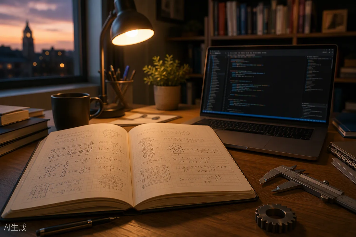A study desk with engineering sketches